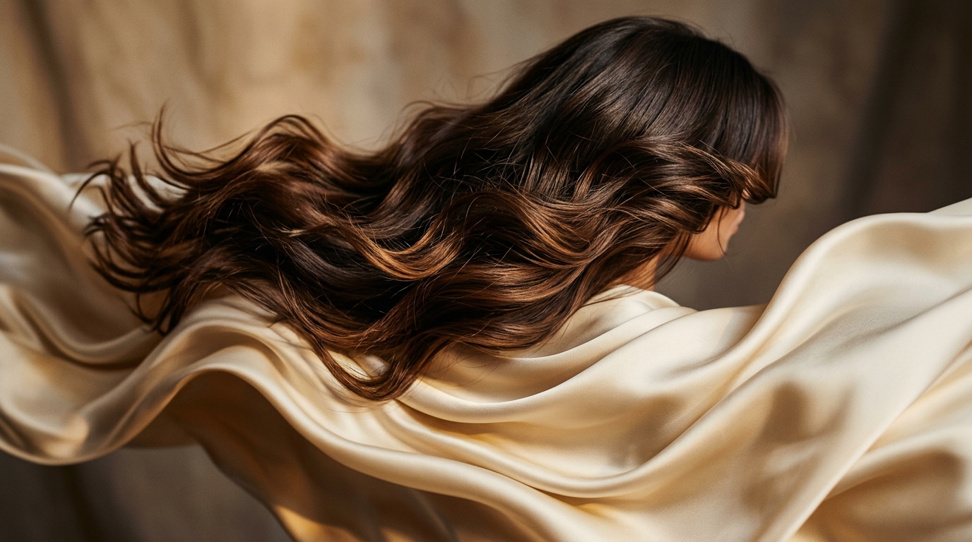 Cinematic editorial luxury background with glossy flowing hair and draped champagne silk