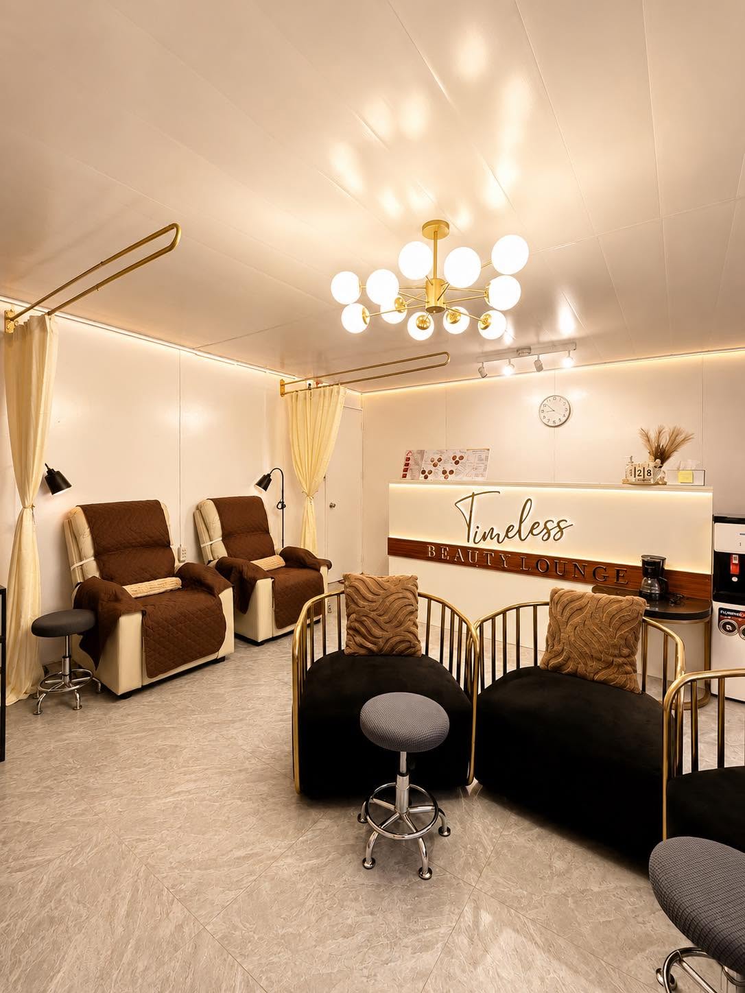 Warm, elegant interior of Timeless Beauty Lounge